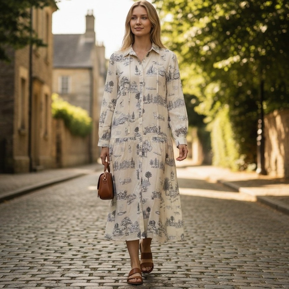 Endless Moon Cream Toile de Jouy Scenic Print Drop Waist Midi Shirt Dress Large
